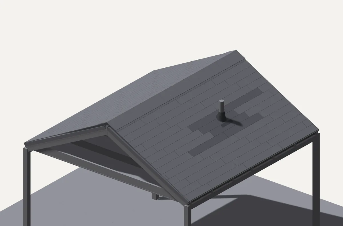 3D render of a shingle roof with a new patch of shingles around a vent pipe