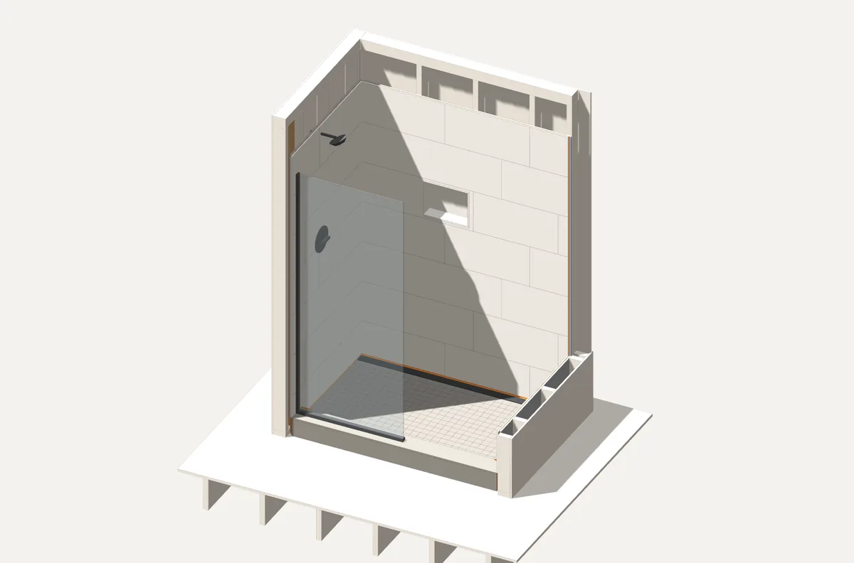 3D render of a tiled walk-in shower with a curb, niche and glass panel
